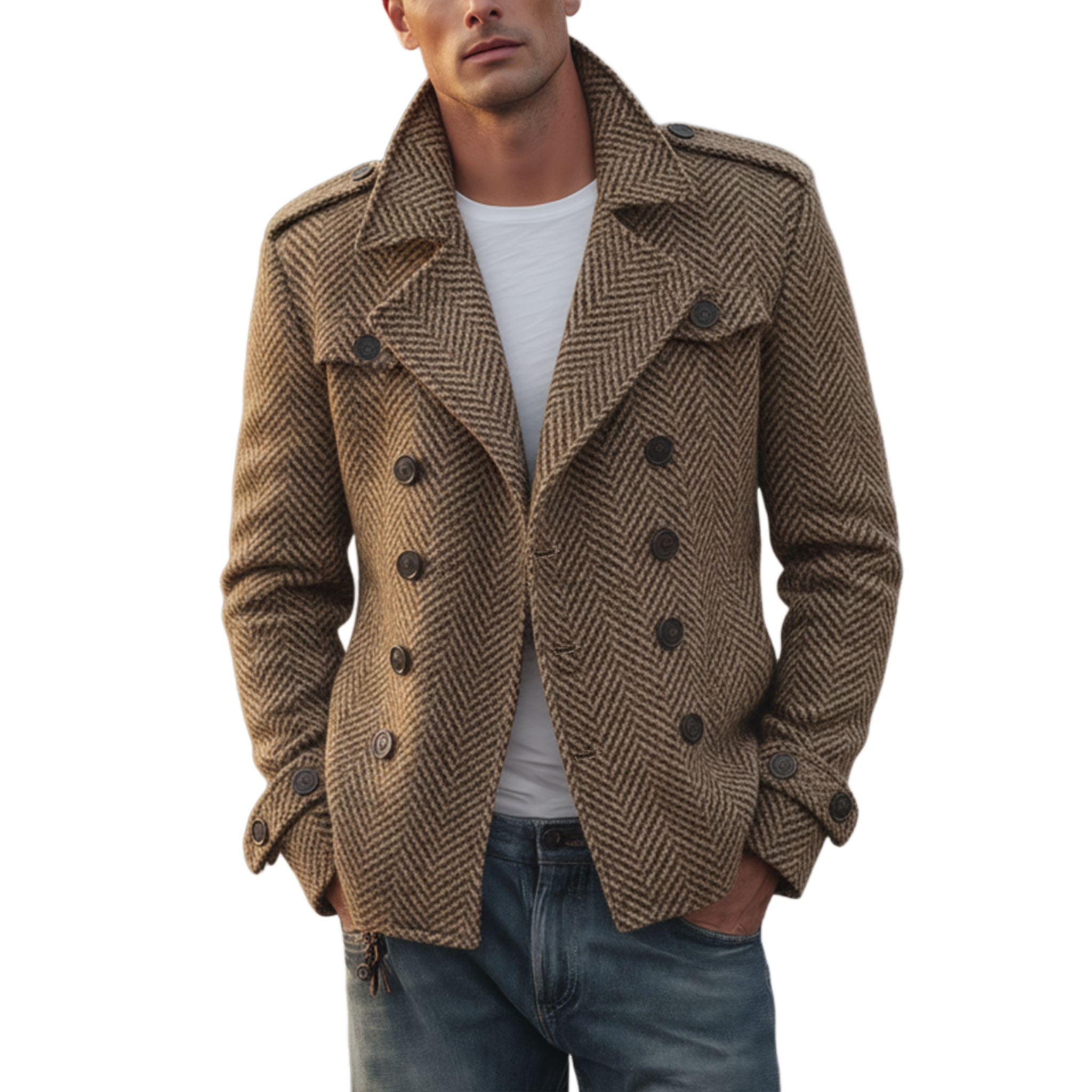 Men's Classic Vintage Western Style Faux Herringbone Wool Double Breasted Jacket MTA2547I6K