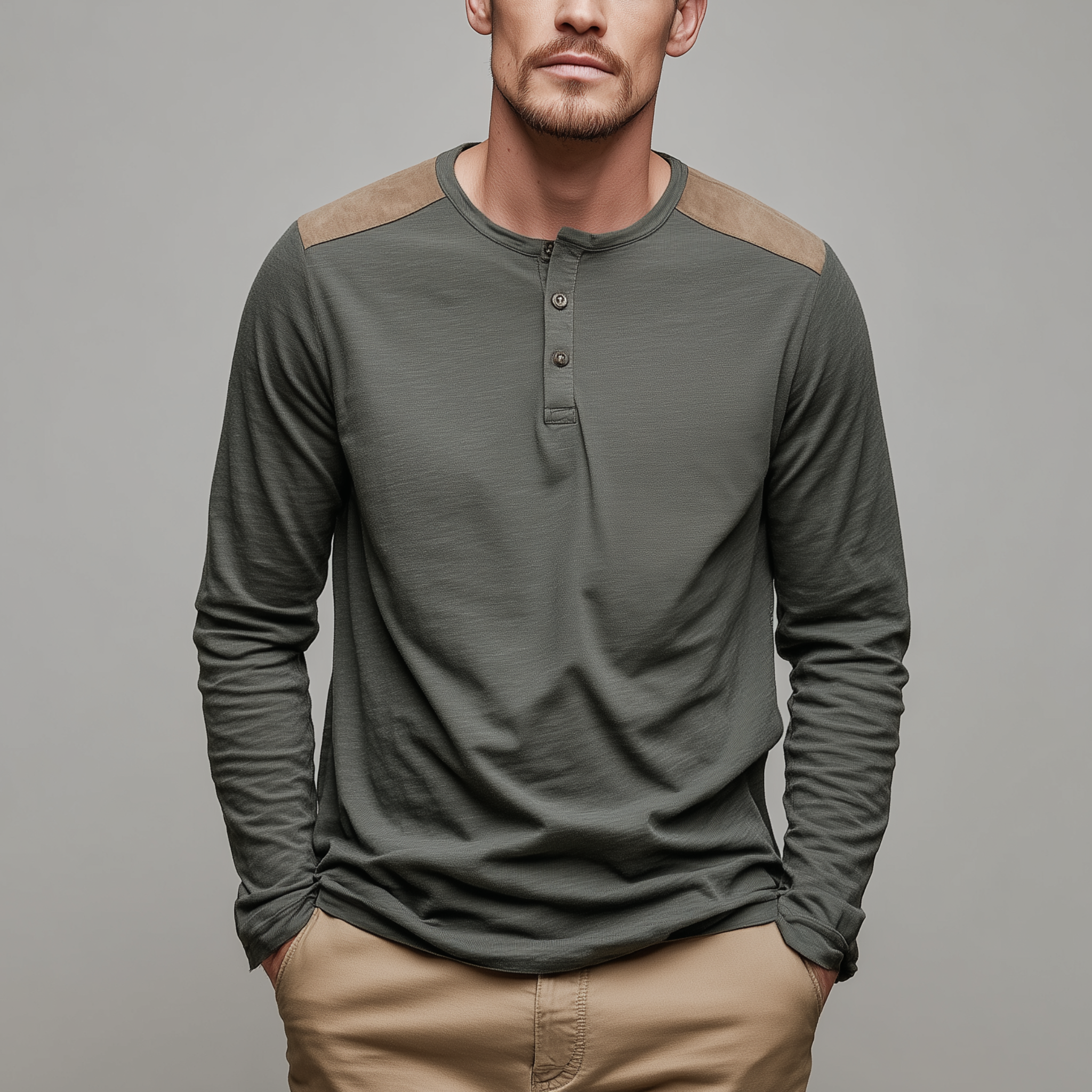 Men's Classic Casual Shoulder Paneling Thin Suede Henley Collar Bamboo Cotton Long Sleeve T-shirt MTA3054G1K