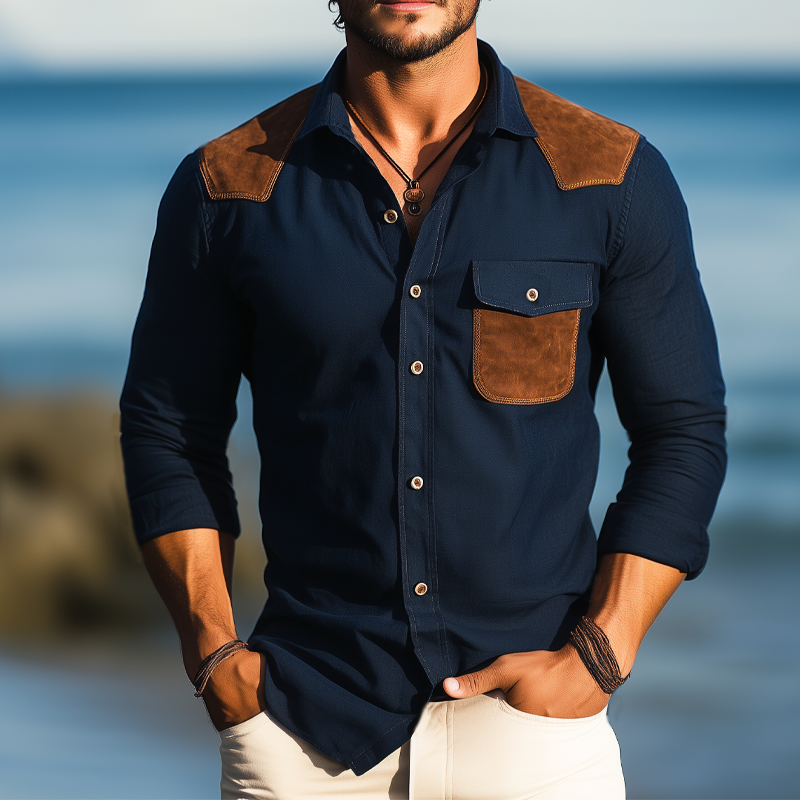 Men's Business Cotton Suede Stitching Long Sleeve Shirt MTA2862G5U