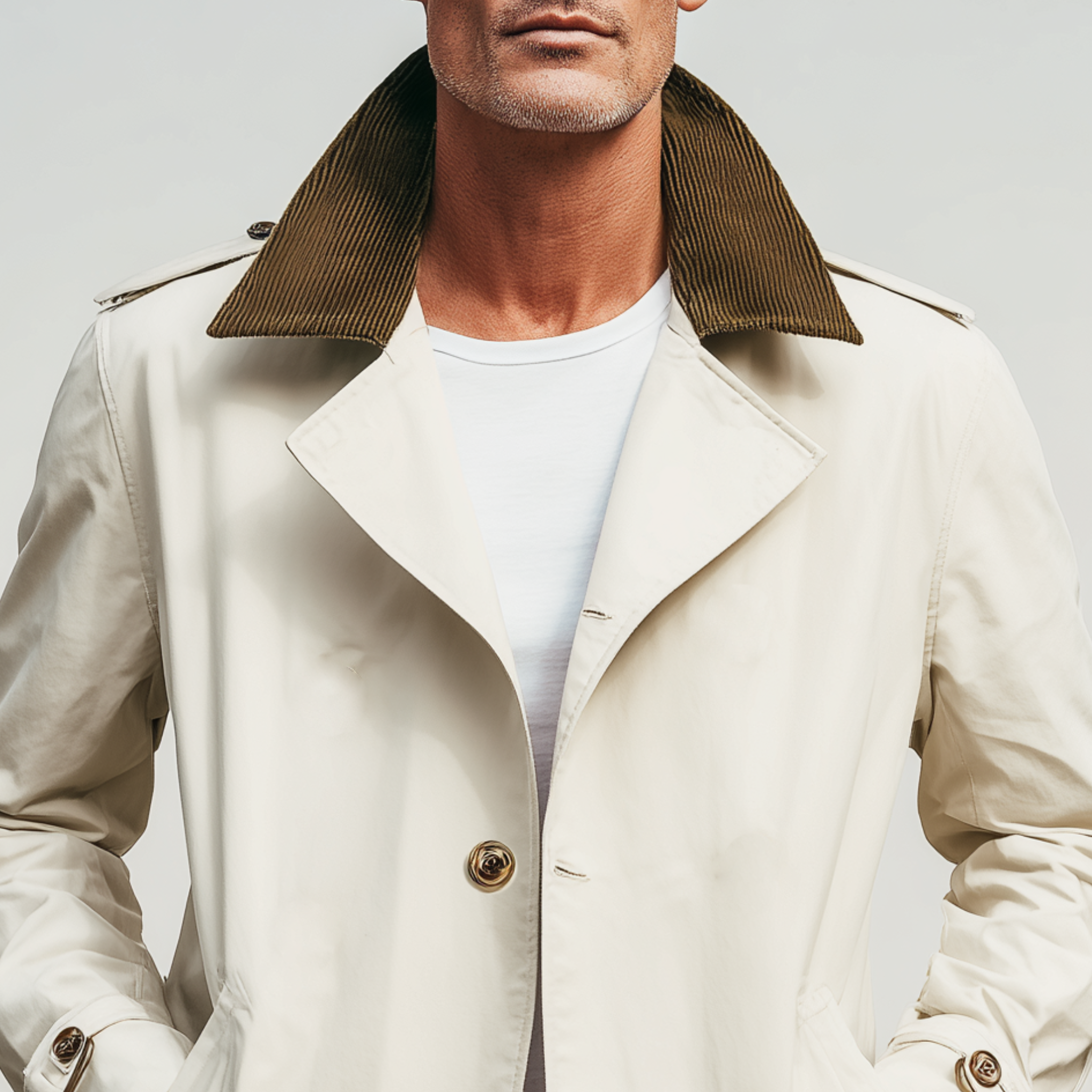 Men's Classic Casual Corduroy Lapel Single-breasted Twill Cotton Thigh-length Trench Coat MTA1346H1K