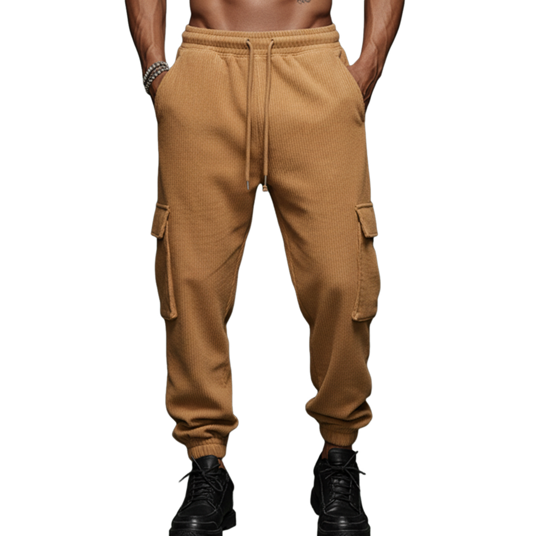 Men's Classic Casual Corduroy Elastic Waist Drawstring Multi-pocket Trousers MTA2835J3K