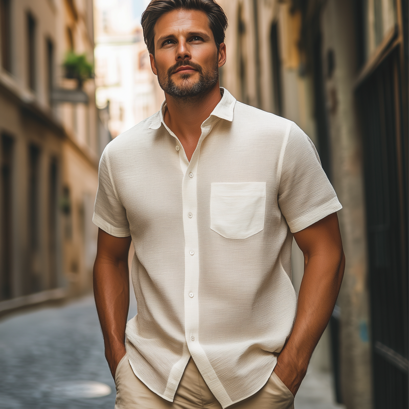 Men's Summer Classic Solid Color Textured Short-sleeved Shirt MTA0100G7U