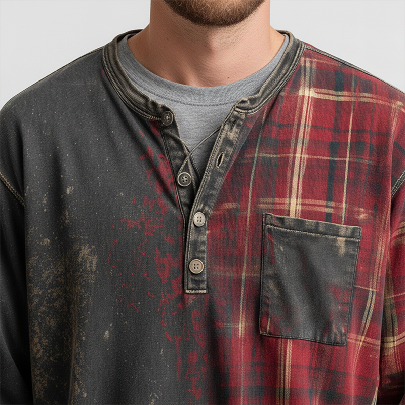 Men's Vintage Polyester Blend Printed Long Sleeve Henley MTA2788J4P