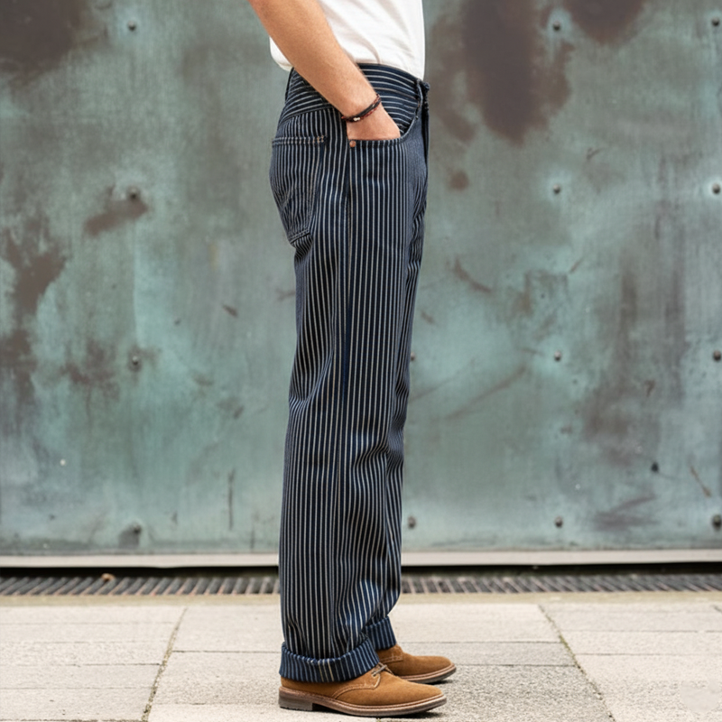 Men's Classic Cotton Blend Navy Blue Vertical Striped Straight Leg Pants Pants