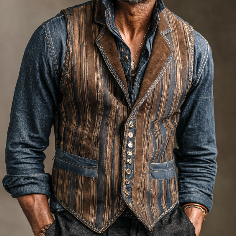 Men's Vintage Striped Printed Faux Suede Single Breasted Vest MTA2187H0Z