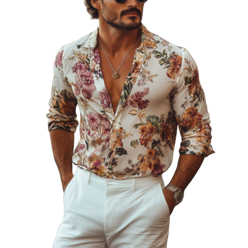 Men's Fashion Italian Sicilian Style Chiffon Printed Long Sleeve Shirt 06220444K