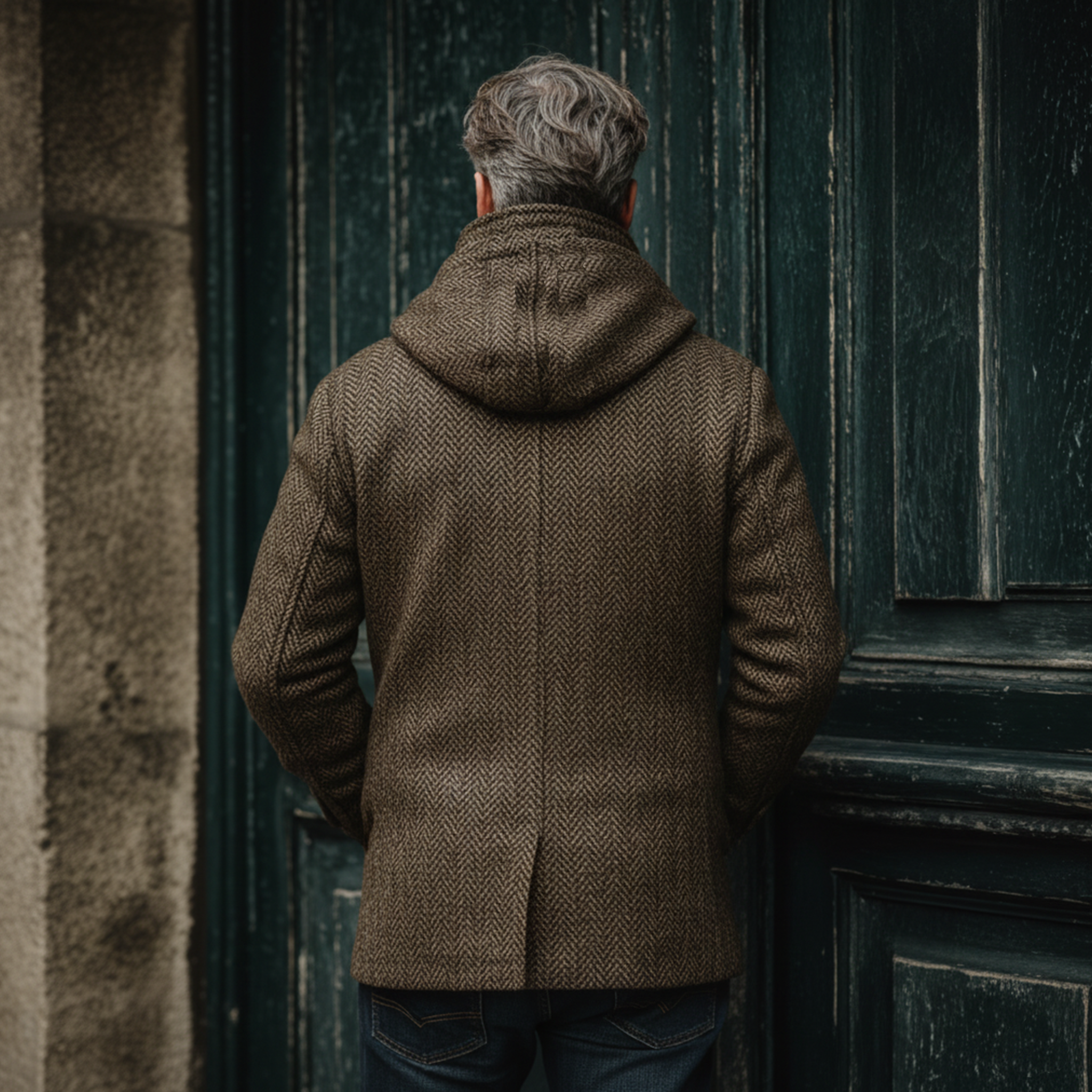 Men's Classic Retro Stand Collar Hooded Multi-pocket Faux Herringbone Wool Jacket MTA2914I3K