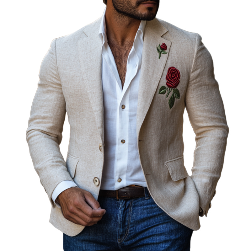 Men's Casual Slim Fit Rose Embroidered Linen Blazer 59736906K