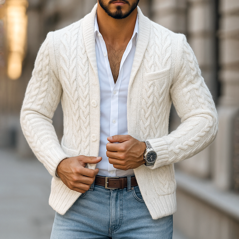 Men's Solid Cable Knit Lapel Single Breasted Cardigan MTA0118I9Z