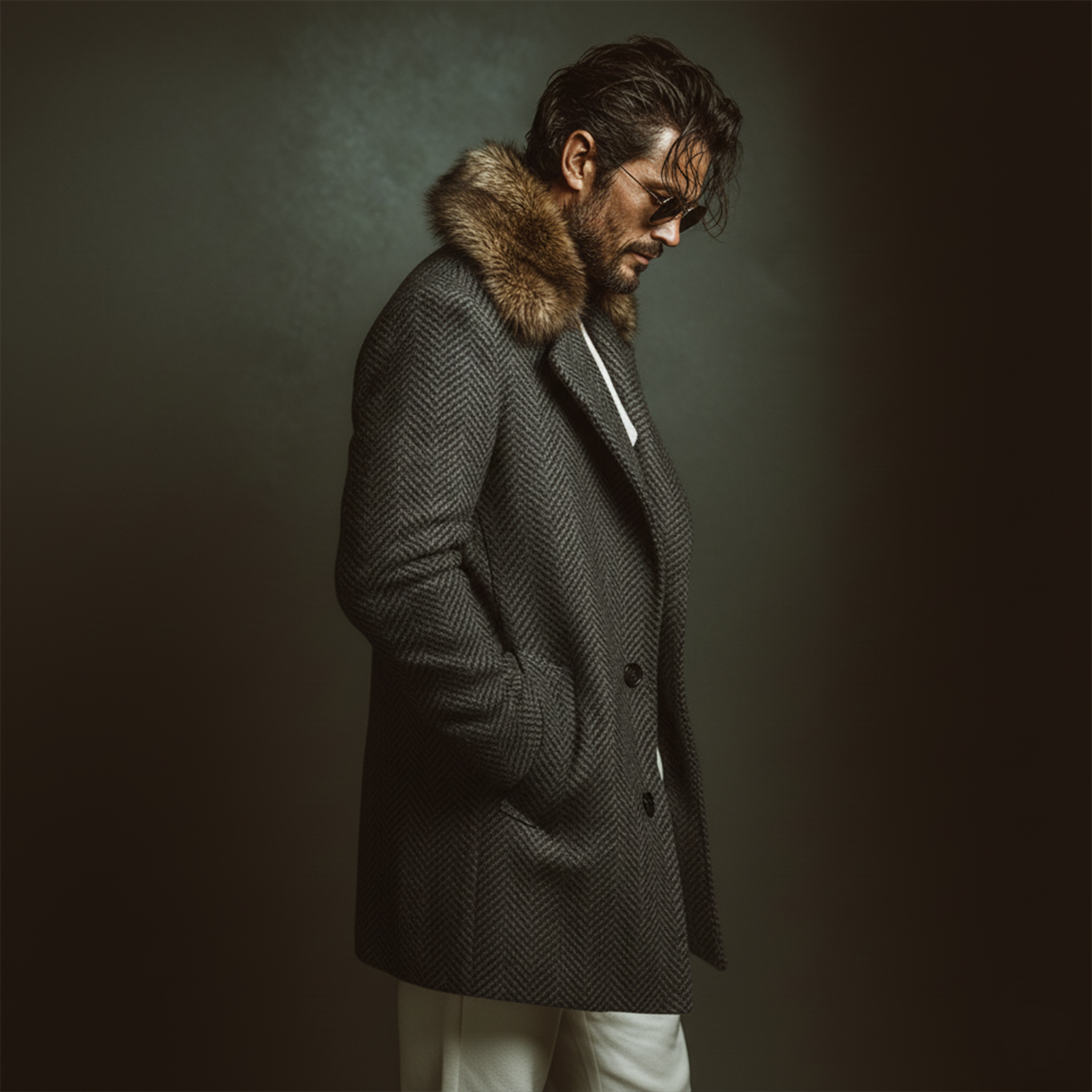 Men's Classic Casual Fur Collar Faux Herringbone Wool Single-breasted Coat MTA3010J1K