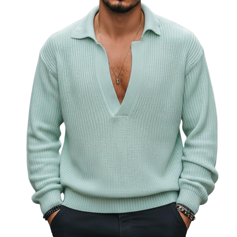 Men's Retro Casual Solid Color Knitted Lapel Pullover Sweater MTA2458I8TO