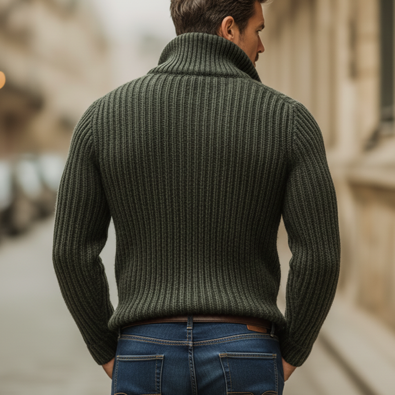 Men's Classic Army Green Striped Quarter-zip Stand Collar Slim-fit Sweater MTA0150K8U