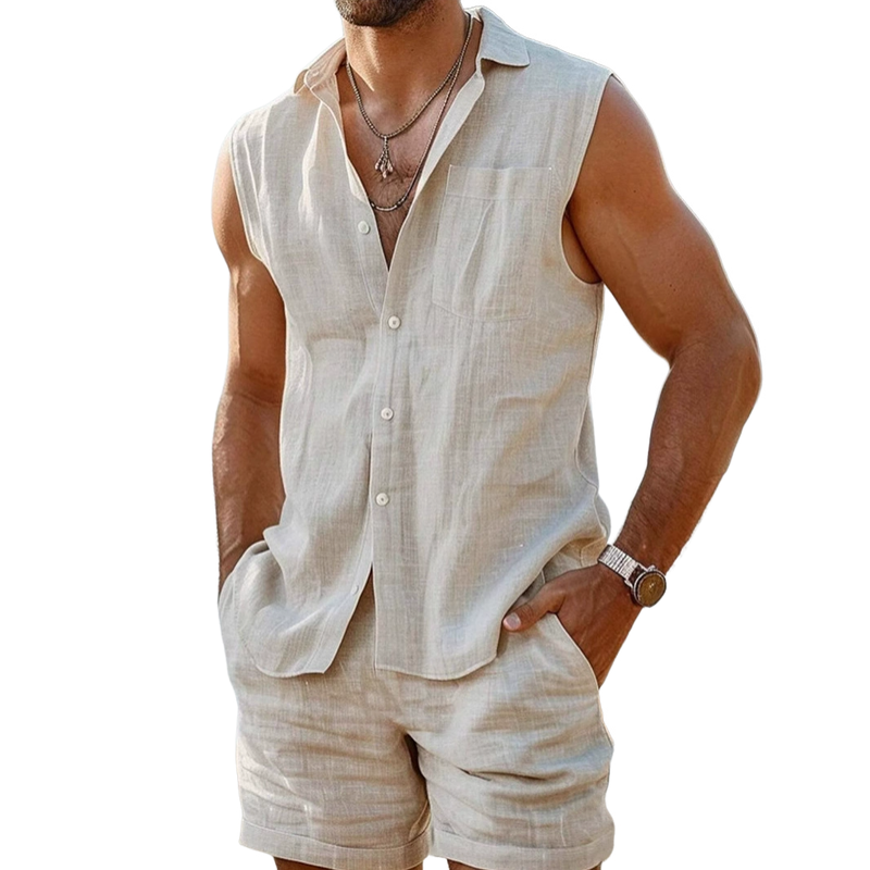 Men's Casual Linen Lapel Sleeveless Shirt Elastic Waist Loose Shorts Set 60880237M