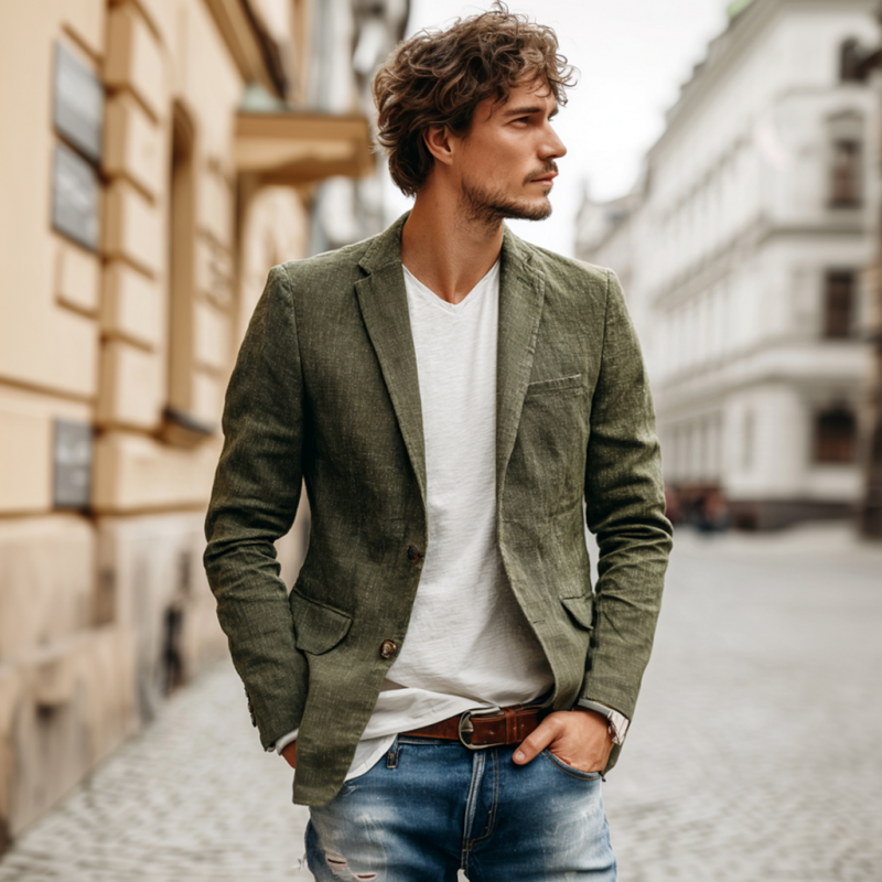 Men's Casual Solid Color Breathable Linen Notch Lapel Single-breasted Slim-fit Blazer  MTA1714G1M