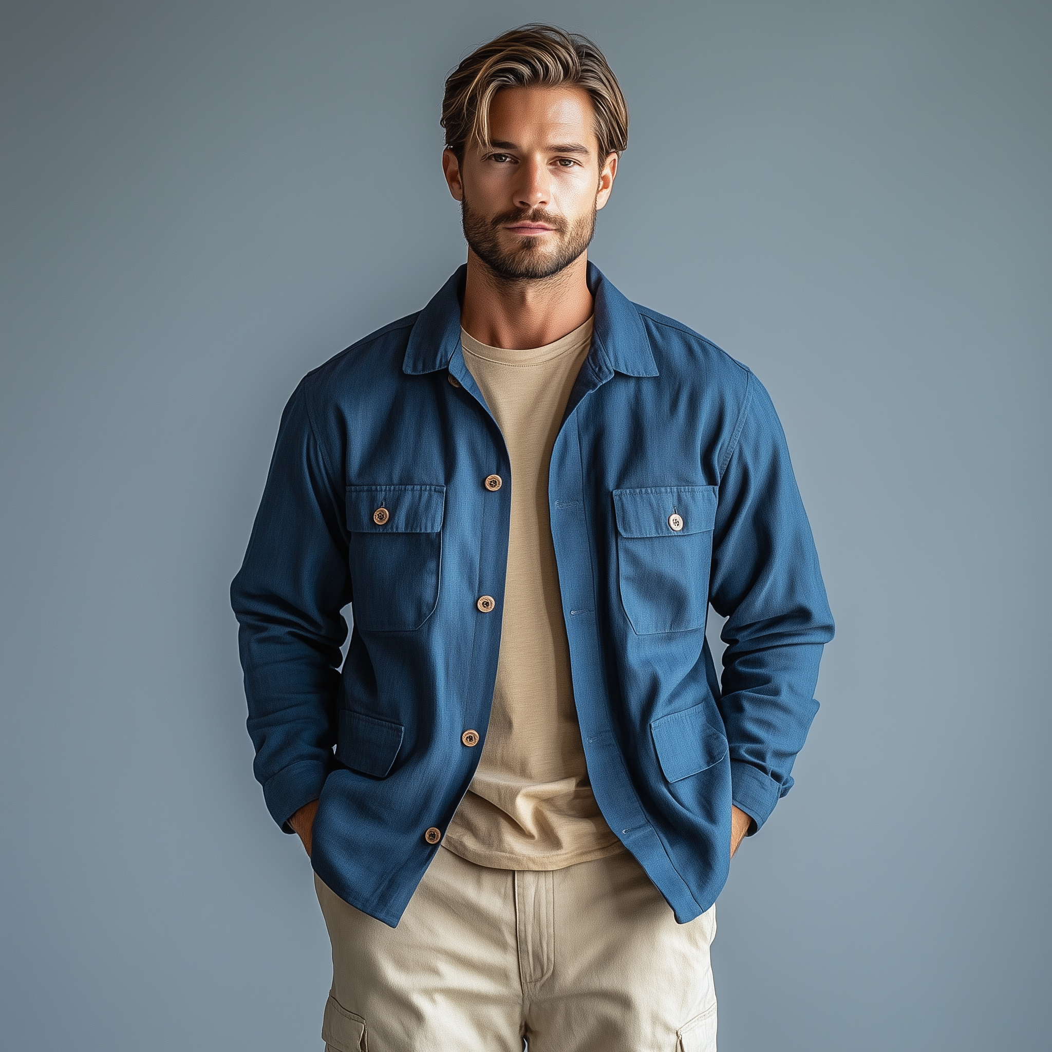 Men's Classic Casual Cotton And Linen Blend Lapel Multi-pocket Long-sleeved Shirt-style Thin Jacket MTA2461G4K