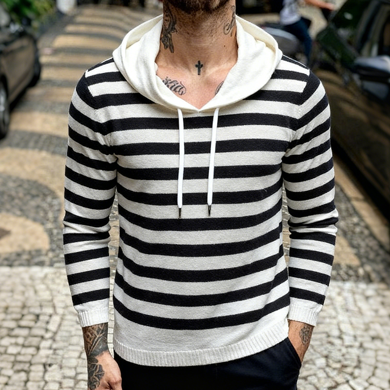Men's Retro Casual Striped Knit Hooded Sweater MTA2942J2TO