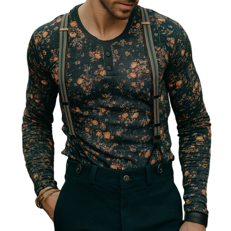 Men's Retro Casual Floral Print Henley Long Sleeve T-Shirt MTA3163G5TO