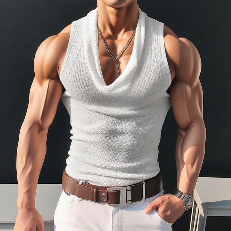 Men's Heap Collars Solid Elastic Fabric Sleeveless Tank Top MTA2185F4Z