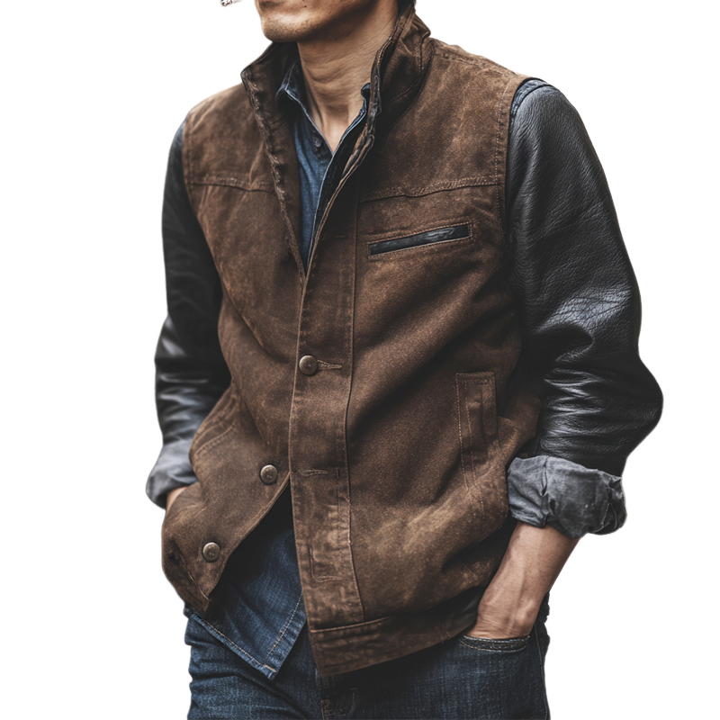 Men's Retro Casual Cotton Washed Stand Collar Button Vest MTA0141I6TO