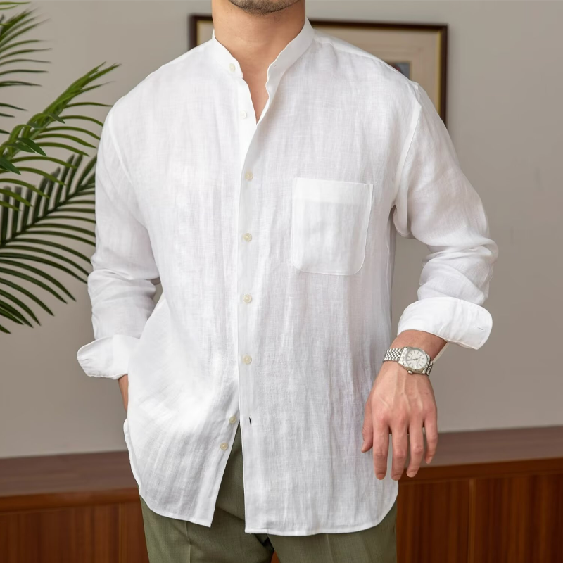 Men's Cotton And Linen Solid Color Stand Collar Long Sleeve Shirt MTA2810G8X
