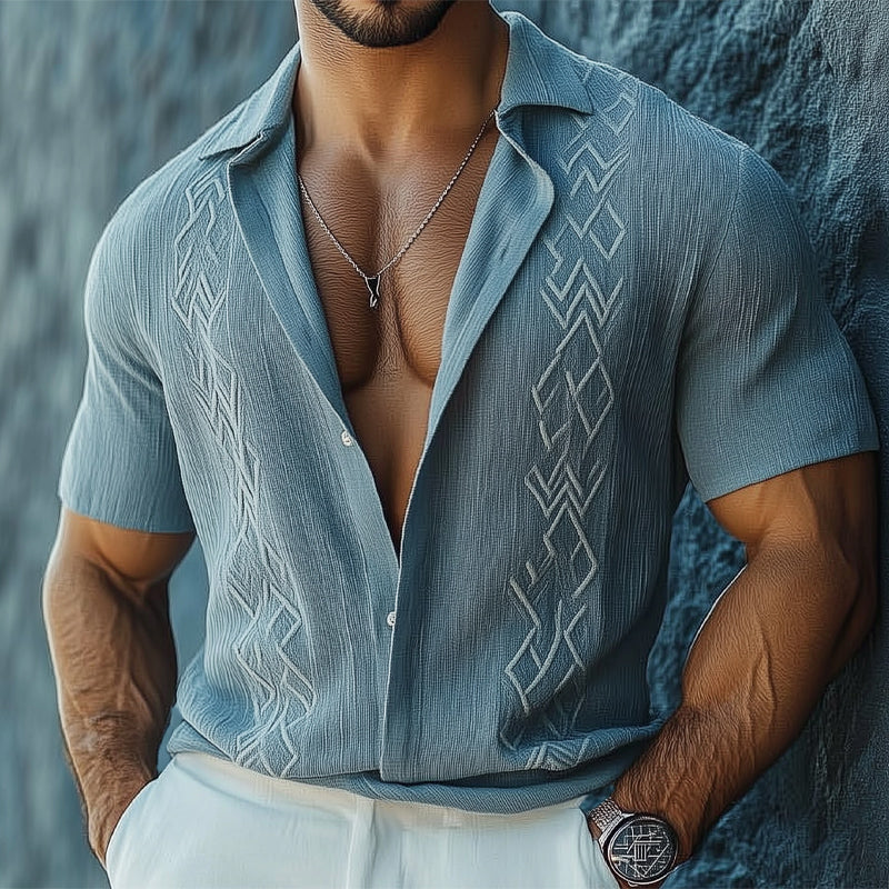 Men's Summer Casual Texture Embroidered Short Sleeve Shirt MTA0957E7U