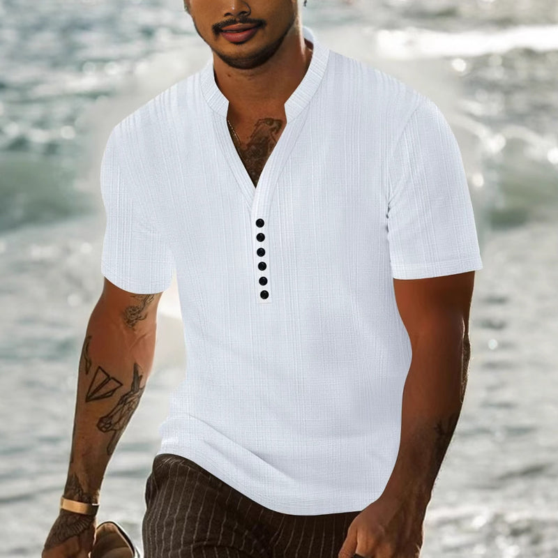 Men's solid color casual pullover button short-sleeved T-shirt MTA0625E4X