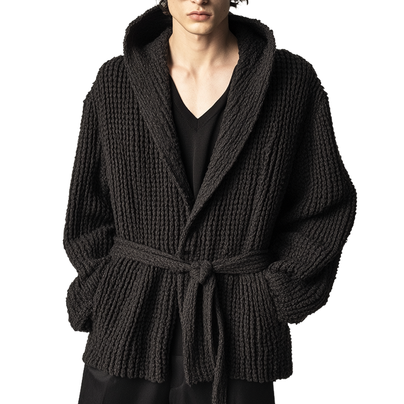 Men's Solid Color Knitted Thin-strapped Hooded Cardigan MTA2608K0X