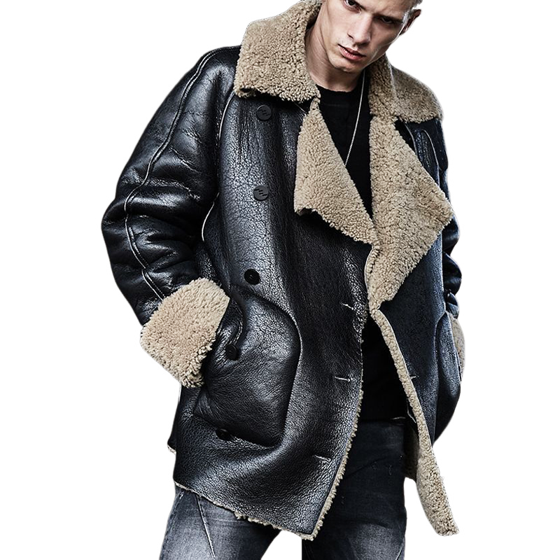 Men's Textured PU Leather And Faux Shearling Double-breasted Short Coat MTA2226I6U