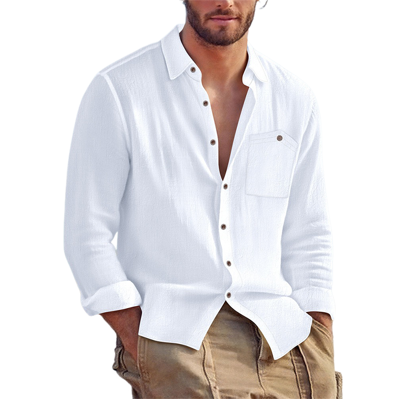 Men's Casual Solid Color Cotton And Linen Long-sleeved Lapel Shirt MTA1391H5X