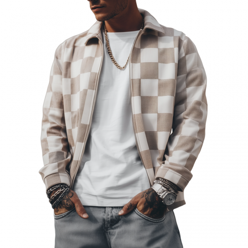 Men's Casual Fashion Contrast Checkerboard Lapel Zipper Placket Loose Jacket MTA3060G7M