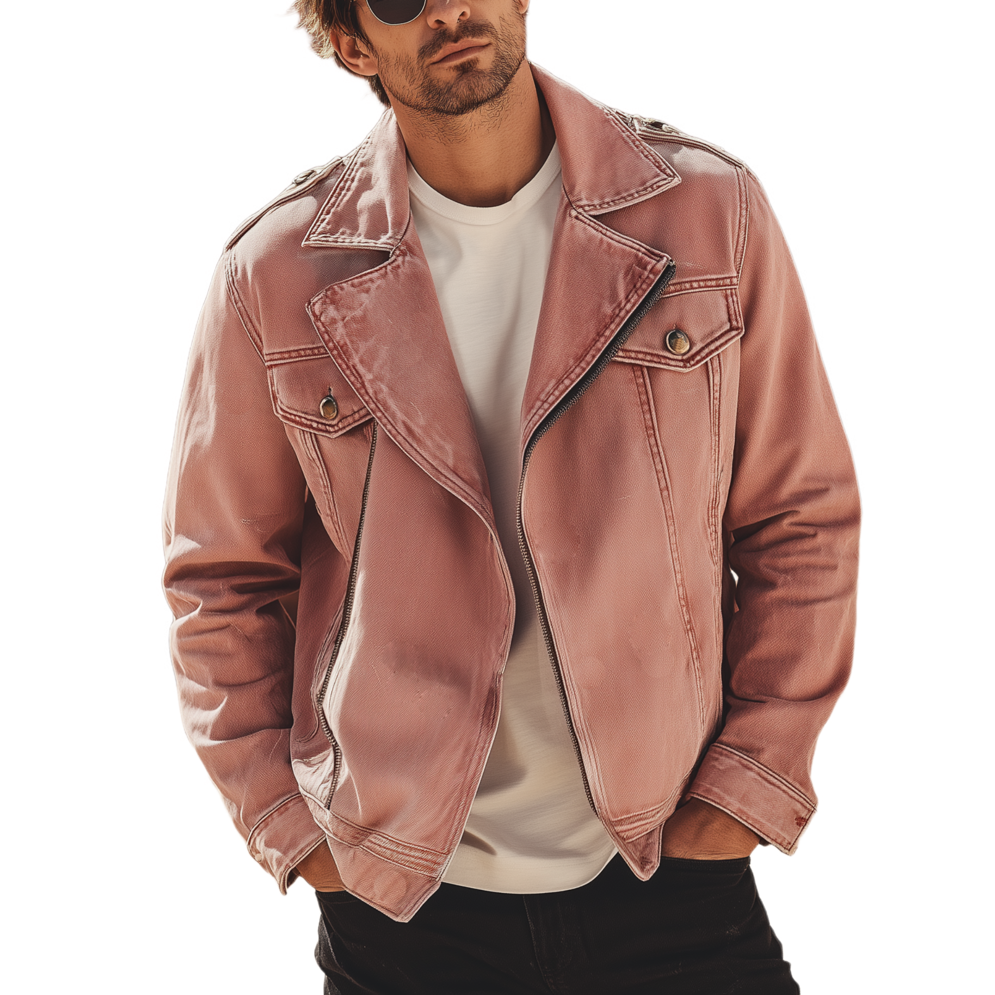 Men's Classic Casual Lapel Pink Washed Denim Zip-up Jacket MTA2193H4K