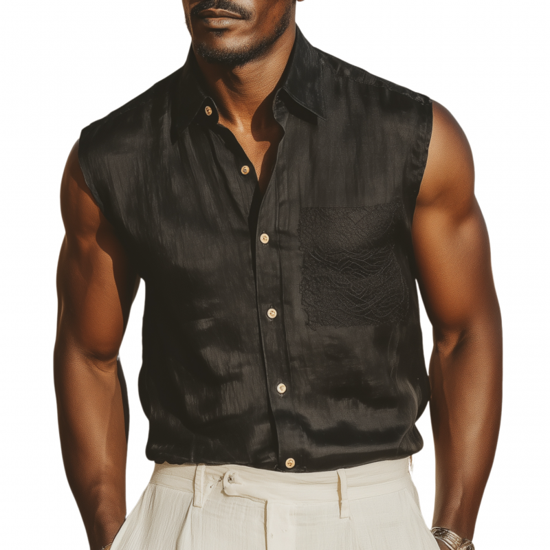 Men's Casual Solid Color Tencel Blended Lapel Lace Patch Pocket Slim Fit Sleeveless Shirt MTA1451G4M