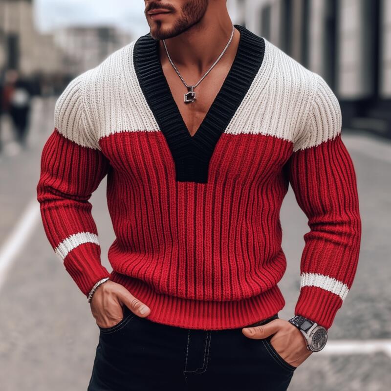 Men's Stylish Contrast Color Breathable Knitted V-Neck Slim Fit Pullover Sweater MTA2838H0M