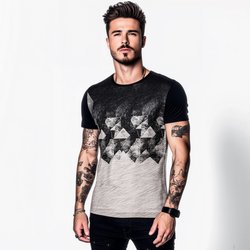 Men's Casual Contrast Gradient Geometric Print Round Neck Loose Short Sleeve T-shirt MTA1570E5M