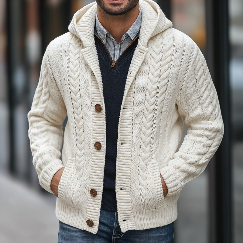 Men's Winter Simple Cotton Yarn Knitted Hooded Cardigan MTA0325K0P