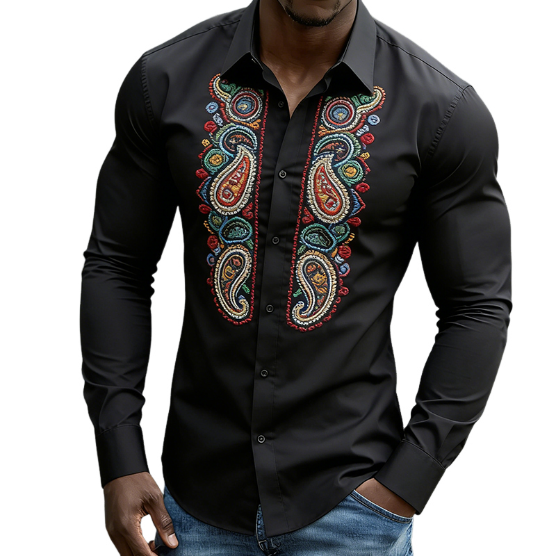 Men's Retro Casual Perris Embroidered Cotton Lapel Long Sleeved Shirt MTZ2912A8TO