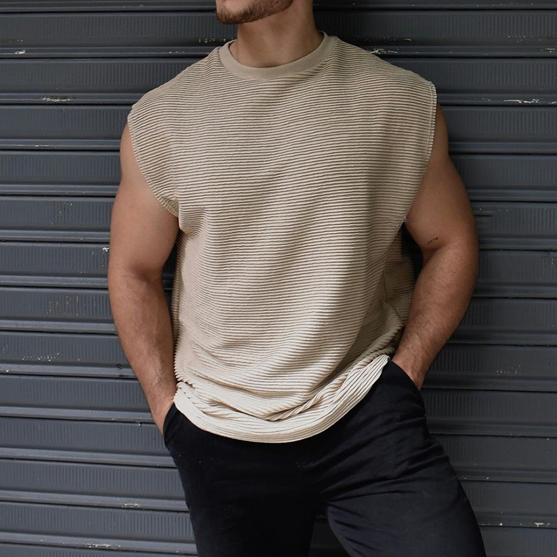 Men's Solid Wave Textured Round Neck Sleeveless Tank Top MTA2931G9Z
