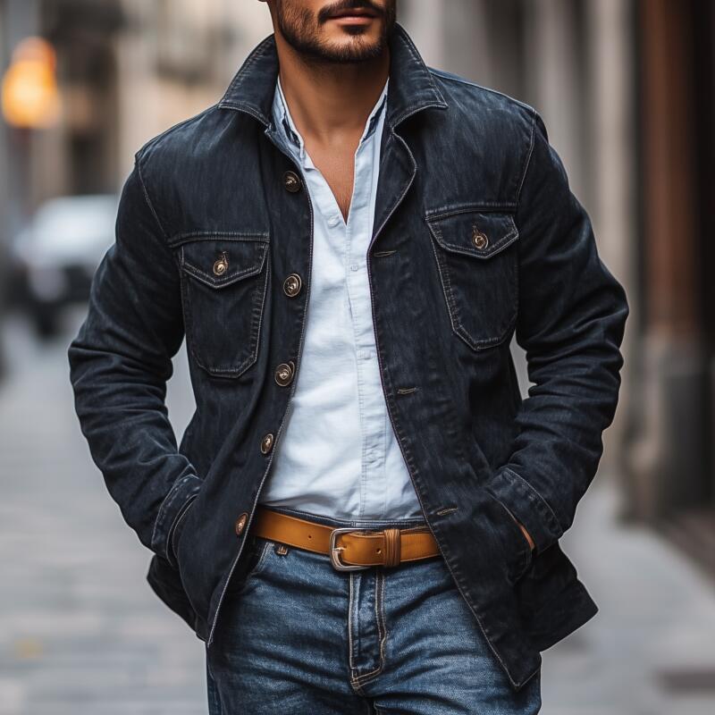 Men's Vintage Washed Distressed Denim Lapel Single-breasted Flap Chest Pocket Loose Cargo Jacket MTA2134H7M