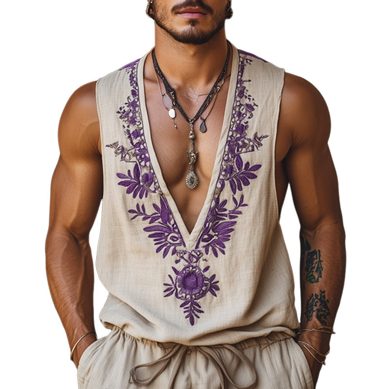 Men's Summer Deep V Neck Embroidered Cotton And Linen Tank Top MTA1552E9U