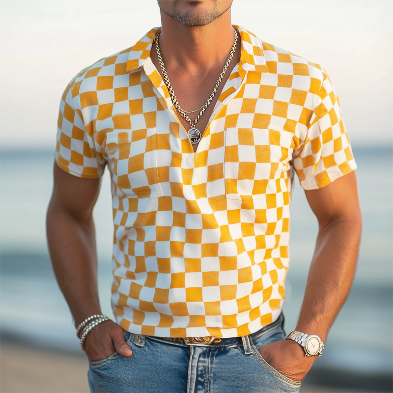 Men's Classic Checkerboard V-neck Short Sleeve T-Shirt MTA2232G9U