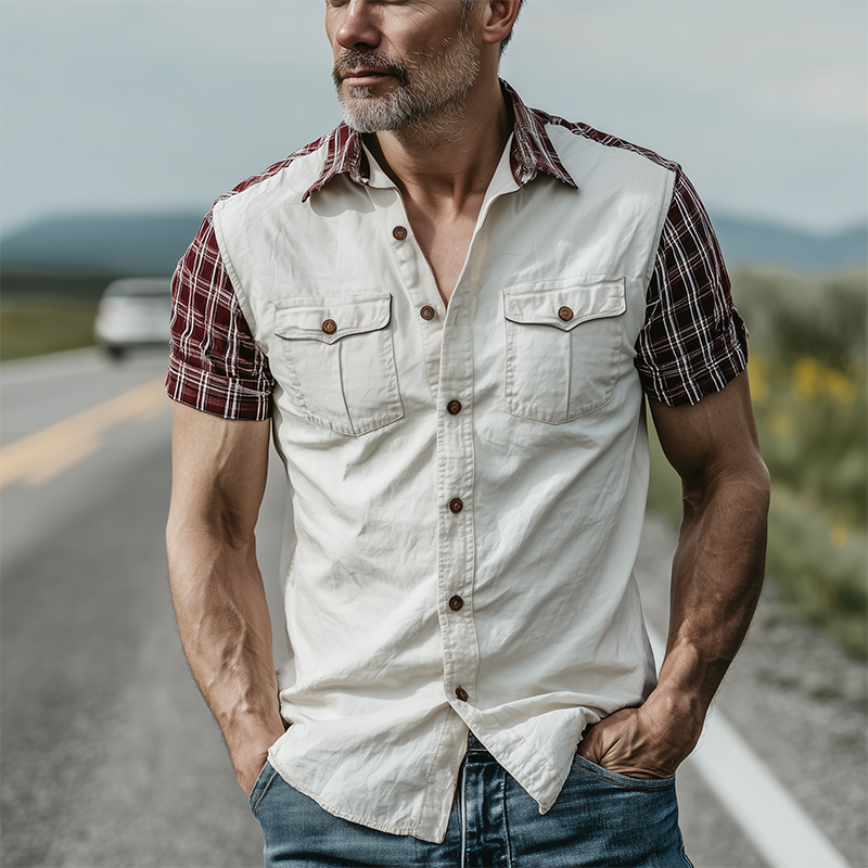 Men's Spring And Summer Fashion Casual Plaid Stitching Cotton Blended Slim Short-sleeved Shirt MTA0809G8K