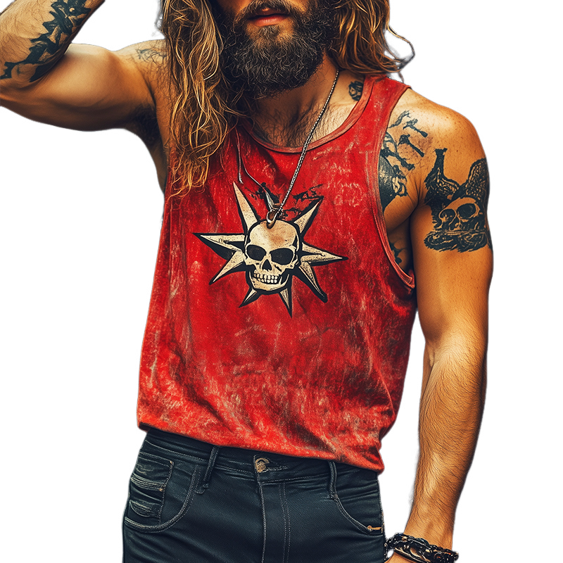 Men's Retro Casual Rock Skull Print Round Neck Tank Top 40200074TO