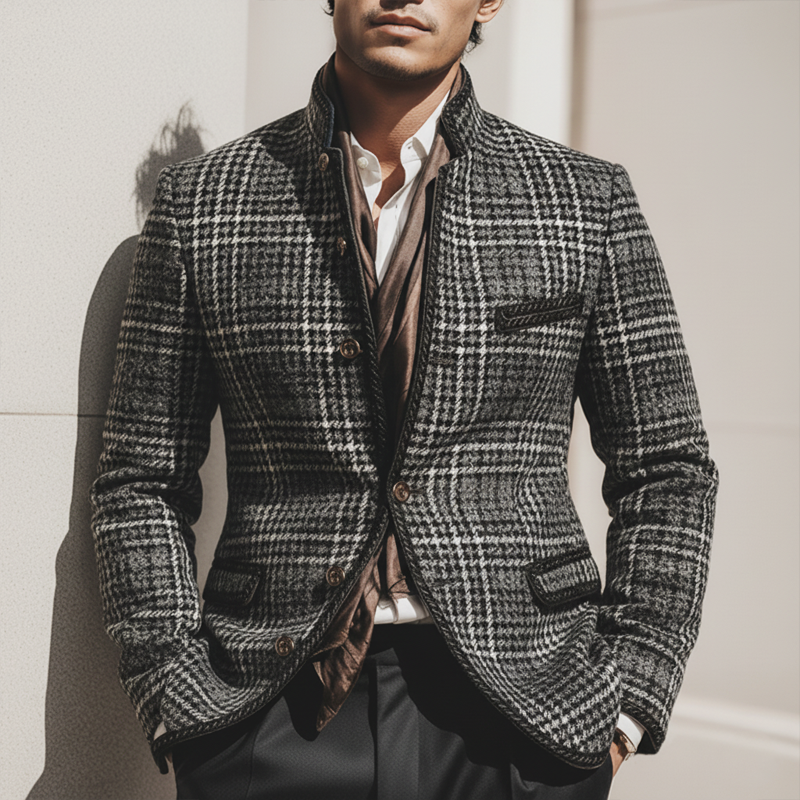 Men's Urban Gray Plaid Stand Collar Button Slim Fit Jacket MTA2472K8U