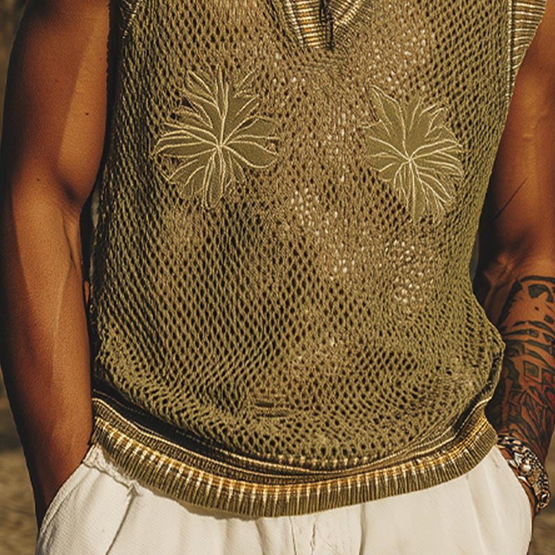 Men's Spring And Summer Fashion Casual Embroidered Knitted V-Neck Tank Top MTA2060F2K