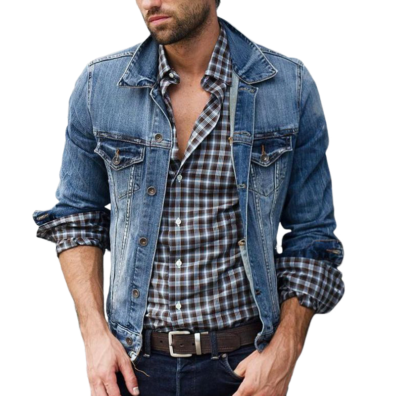 Men's Vintage Washed Denim Button Down Slim Jacket 12888539U