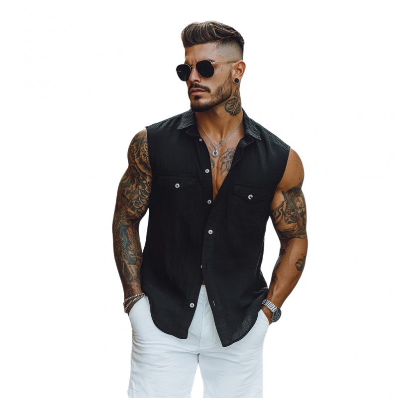 Men's Casual Breathable Cotton Lapel Chest Pocket Slim Fit Sleeveless Shirt MTA1633E0M