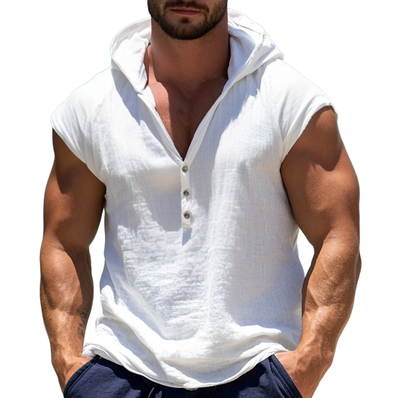 Men's Casual Breathable Linen Henley Collar Patch Pocket Loose Tank Top MTA0656E8M