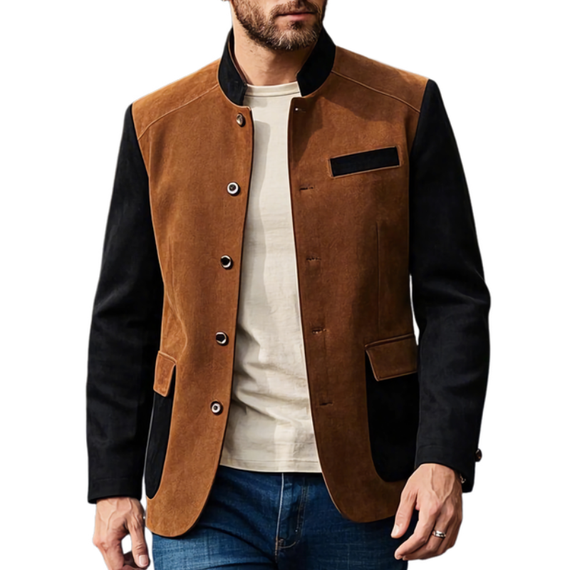 Uformelt semsket skinn for menn Kontrast Patchwork-stativ krage enkeltspent blazer 28308985F