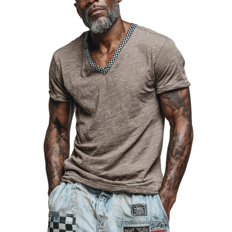 Men's Cotton Blend Plaid Print V-neck Short-sleeved T-shirt MTA1962F8X
