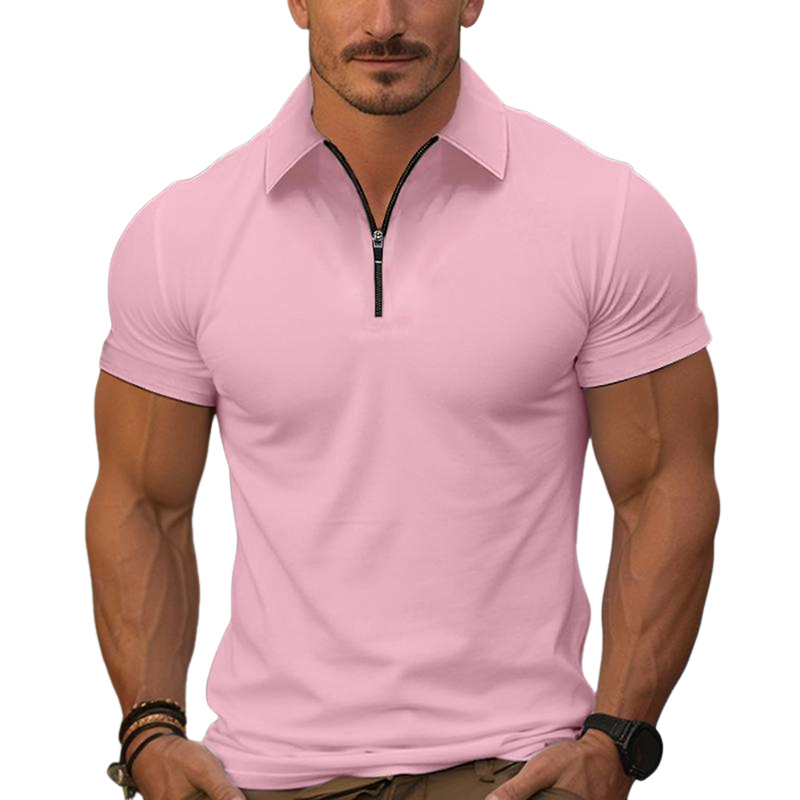 Men's Vintage Casual Solid Color Cotton Zipper Short Sleeve Polo Shirt MTA0255G5TO